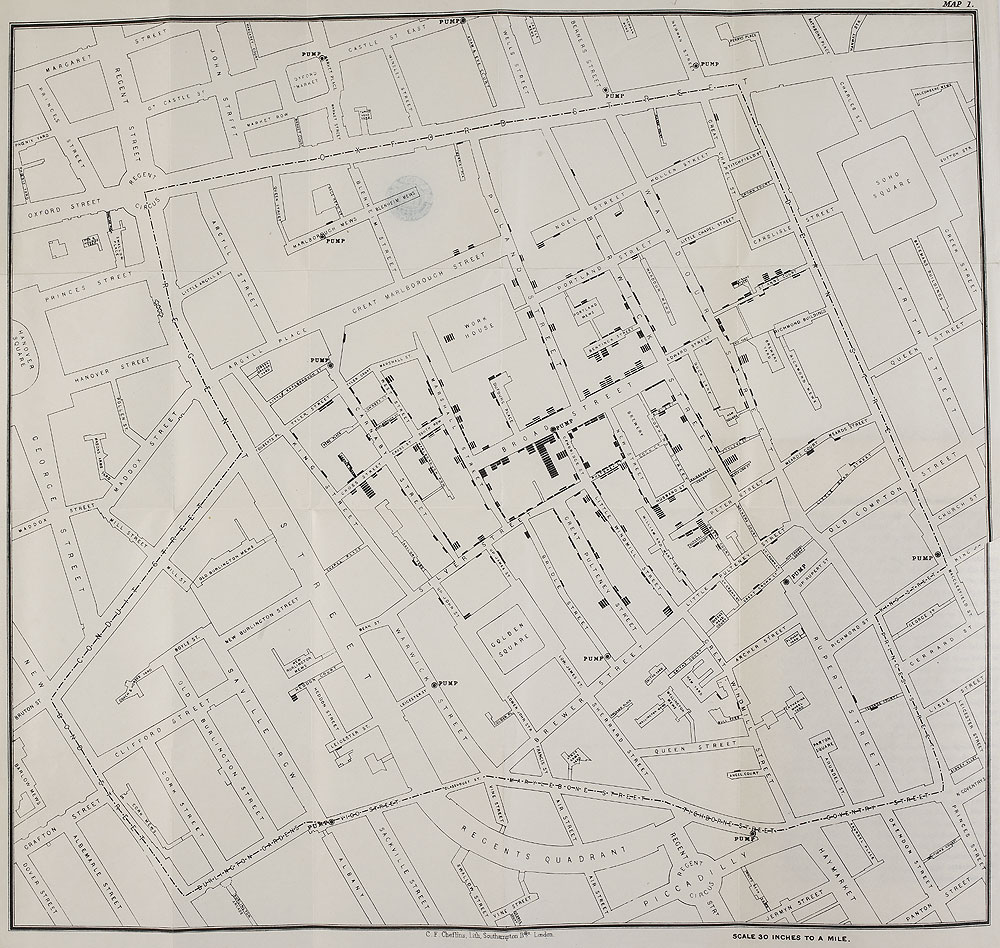Map of Broad Street, London (by John Snow, all rights reserved by The British Library Board)